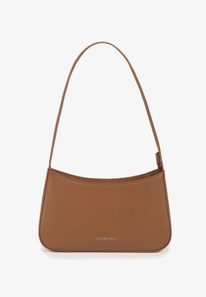 Bolso de hombro de cuero marrón con una correa delgada y el logo plateado "VIVISENCE" centrado en el frente.