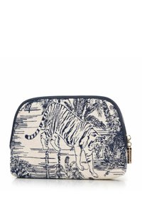 La pochette cosmetica blu navy e crema presenta un design con tigre, realizzata in tessuto testurizzato, di forma arrotondata e con chiusura a zip dotata di hardware con marchio.