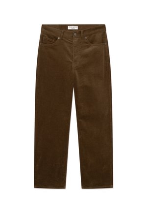 Braune Cordhose mit geradem Bein, vorderen Taschen, Gürtelschlaufen und einem sichtbaren Markenlabel am Bund.