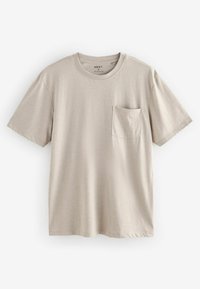 Tricou scurt cu mânecă scurtă de culoare bej deschis, fabricat dintr-un material moale, având un guler rotund și o buzunar pe piept, în partea stângă. Design simplu și minimalist.