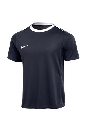 Schwarzes kurzärmeliges Sportshirt mit weißem Kragen und weißem Nike-Logo auf der linken Brust.