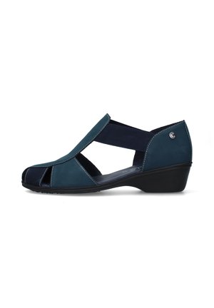Scarpa da donna con zeppa bassa blu scuro, cinturini elastici incrociati e design open toe su sfondo bianco.