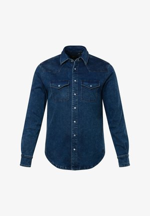 Camicia di jeans blu scuro con maniche lunghe, chiusura a bottoni, due tasche sul petto e un design a yoke in stile western. Tessuto dalla superficie liscia.