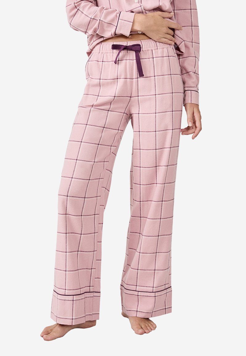 Roze pyjamabroek met een ruitpatroon, voorzien van een paarse trekkoord en een brede broekspijp ontwerp. Zacht, lichtgewicht stof met een relaxte pasvorm.