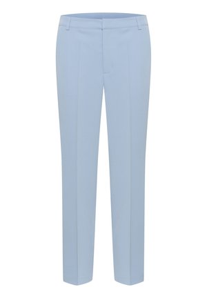 Lichtblauwe, op maat gemaakte broek met een slim fit, ceintuurlussen, een voorrits en geperste vouwen langs de pijpen.