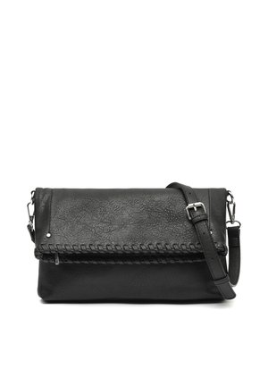 Black leather crossbody bag with fold-over flap, braided trim, silver buckle, and adjustable strap on a white background.