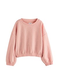 Rosa Sweatshirt mit einem strukturierten Muster aus Schleifen, langen Ärmeln und elastischen Bündchen und Saum. Lässiger Schnitt und weicher Stoff.