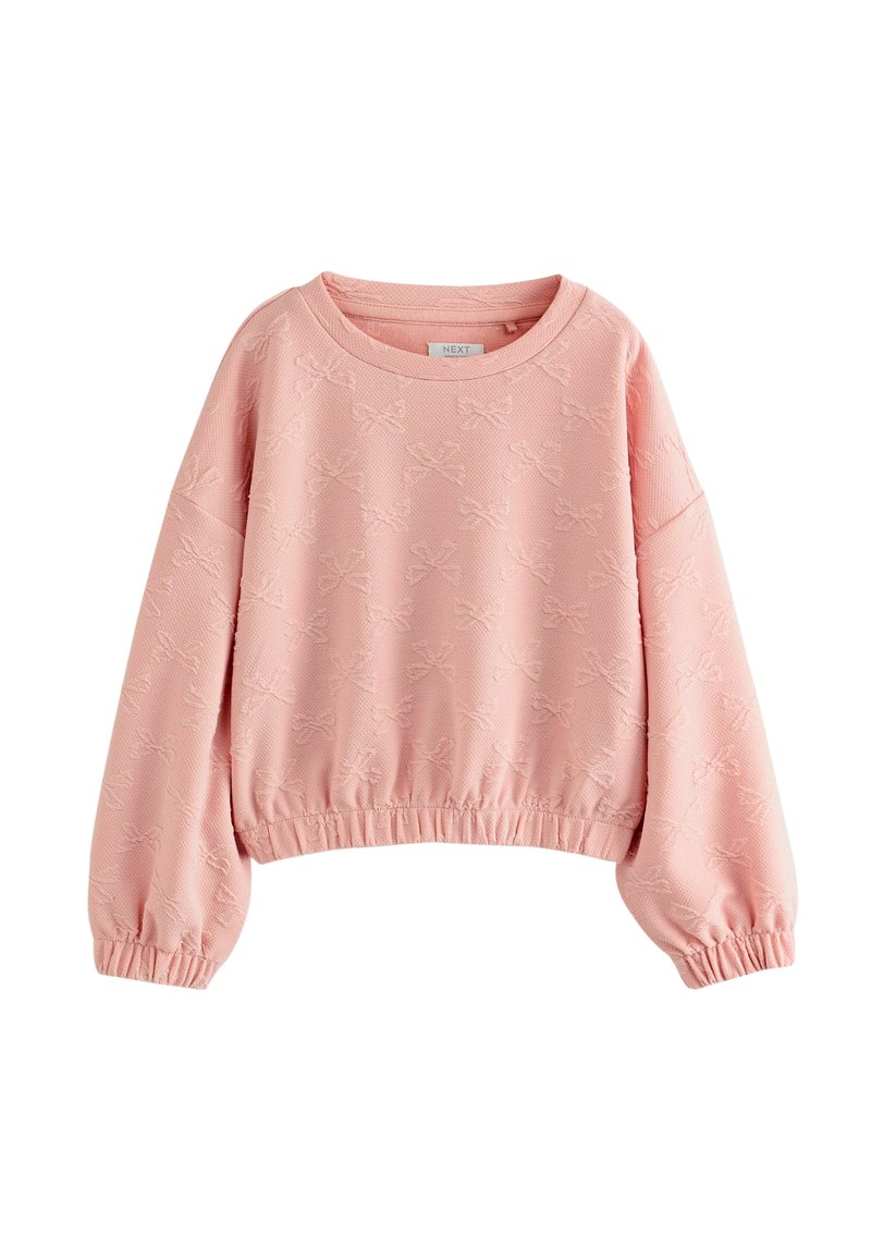 Rosa Sweatshirt mit einem strukturierten Muster aus Schleifen, langen Ärmeln und elastischen Bündchen und Saum. Lässiger Schnitt und weicher Stoff.