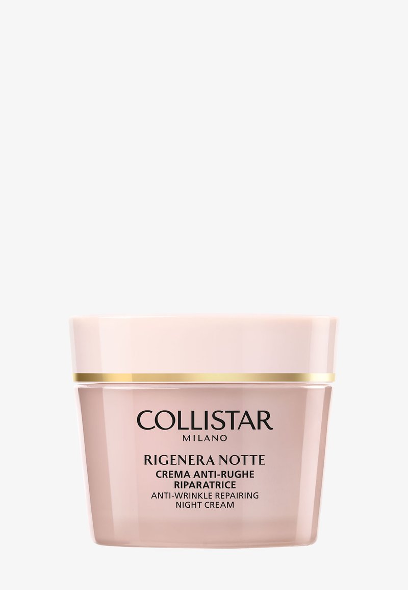 Collistar Rigenera Notte anti-rynke reparerende natcreme i en lyserød krukke med guldkant og sort tekst.