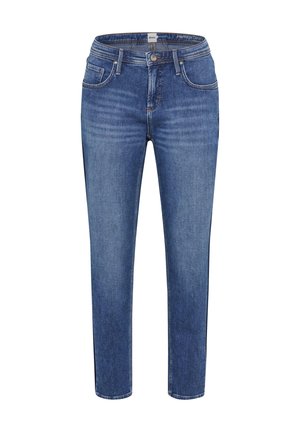 Jeans in denim blu slim fit con tasche frontali, passanti per cintura e chiusura con bottone, mostrano dettagli sbiaditi sulle cosce.