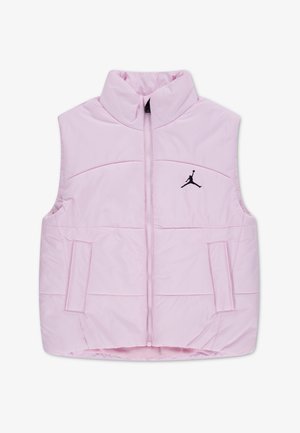 Doudoune sans manches rose clair avec fermeture éclair sur le devant, deux poches latérales, col montant et logo noir Air Jordan Jumpman sur la poitrine gauche.