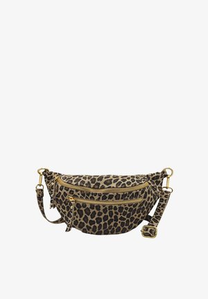 Ce sac banane en imprimé léopard est fabriqué en tissu beige et marron, avec des zippers et une quincaillerie dorés. Il dispose de deux compartiments zippés et d'une sangle réglable.