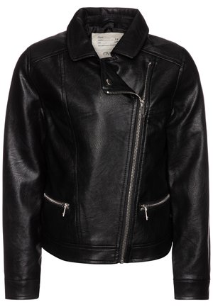 Czarna skórzana kurtka z kołnierzykiem, diagonalnym zapięciem na zamek błyskawiczny i dwiema przednimi kieszeniami na zamek. Charakteryzuje się teksturowaną powierzchnią i szczegółami przeszyć.