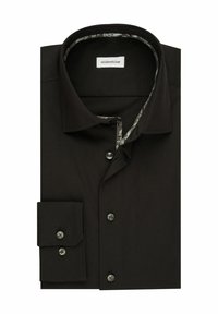Donkerbruin button-up shirt met een contrasterende, gemusterde binnenkraag, een enkele borstzak en zwarte knopen. Glad textuur van de stof.