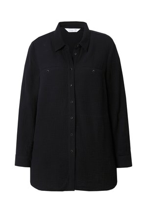 Camicia nera con bottoni, realizzata in tessuto strutturato, caratterizzata da due tasche sul petto, maniche lunghe e una vestibilità rilassata.