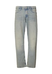 Jasnoniebieskie dżinsy z prostymi nogawkami. Cechy to pięć kieszeni, zapięcie na guzik oraz lekkie spranie materiału.