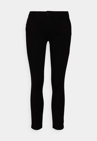 Czarne, dopasowane dżinsy z denimu, z klasycznymi kieszeniami, zapięciem na guzik i gładką fakturą.