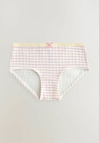 L'intimo hipster in cotone presenta una base bianca con un motivo a scacchi rosa e viola, un delicato bordo in pizzo e un piccolo fiocco rosa come accentatura.