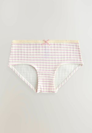 Katoenen hipsterondergoed heeft een witte basis met een roze en paarse geruite patroon, delicate kantafwerking en een klein roze strikje als accent.