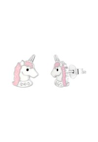Eenhoornvormige stud oorbellen, met witte emaille en roze accenten, een zilverkleurige setting en heldere rhinestone versieringen.