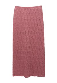 Gebreide lange rok in stofroze, met een diamanten kantpatroon, elastische tailleband en vloeiende val. Zachte textuur met een lichte afwerking.