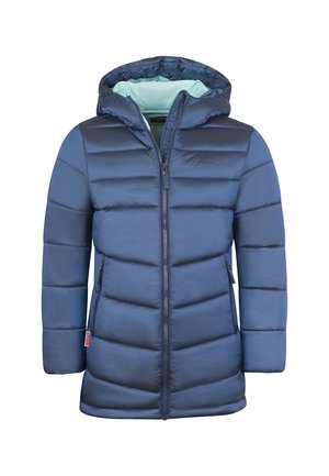 Navy blue padded winter jacket with hood, front zipper, two zippered pockets, and light turquoise inner lining.