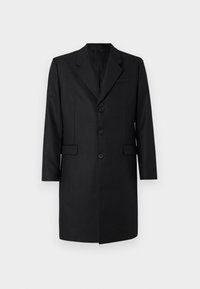 Schwarzer, taillierter Mantel mit Schalkragen, zwei Fronttaschen, einreihigem Design und drei Knöpfen. Glattes Material mit hochwertiger Verarbeitung.