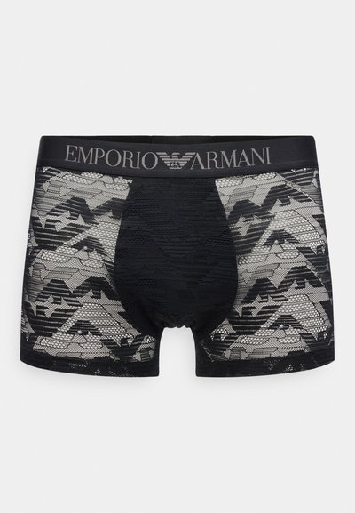 Μαύρα εσώρουχα τύπου μποξέρ ανδρικά από δαντέλα με γεωμετρικό σχέδιο και μαύρη ζώνη μέσης που φέρει το λογότυπο Emporio Armani σε γκρι.