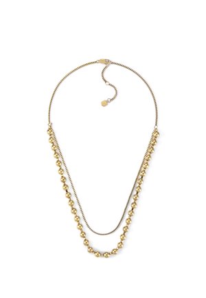 Doppellagige Goldkette mit einer Kette und einer Reihe von Goldperlen, mit kleinem verstellbarem Kettchen und Karabinerverschluss.