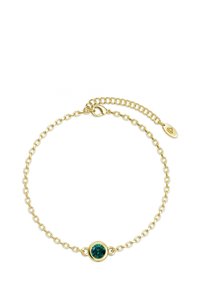Bracciale in oro con un'unica pietra teal tonda incastonata in una montatura circolare, dotato di chiusura a granchio e catena di estensione.