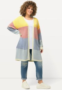 Cardigan a maglia con un design multicolore, pannelli gialli, rossi, blu e bianchi; maniche lunghe; apertura frontale; tessuto texturizzato.