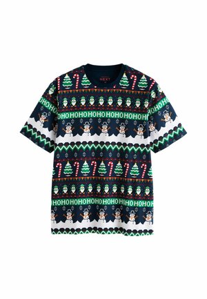 Tricou cu mânecă scurtă în albastru marin, cu modele festive ce prezintă oameni de zăpadă, brazi de Crăciun și bețe de caramel în verde, roșu și alb.