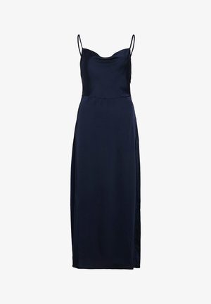 Tumed satinist maksimekiga, millel on õhukesed reguleeritavad rihmad, ümmargune kaelus ja sile tekstuur. Küljel lõhe, et tagada parema liikumisvabaduse.