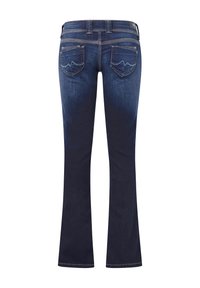 Jeans azul oscuro con diseño de pierna acampanada, que cuentan con dos bolsillos traseros y un sutil detalle de costura. Hechos de tela denim.