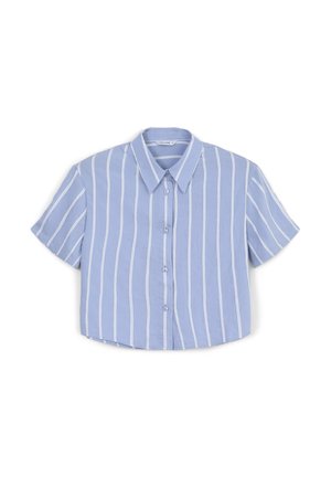 Camicia corta a maniche corte di un azzurro chiaro, con strisce verticali bianche, chiusura con bottoni e colletto aperto. Texture liscia simile al cotone.