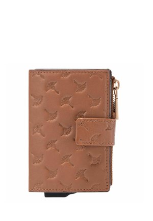 Brun læderpung præget med små fuglemønstre, med tryklås og lynlåslomme til mønter på siden.