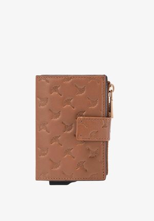 Cartera de cuero marrón grabada con pequeños patrones de pájaros, con cierre de presión y compartimento para monedas con cremallera en el lateral.