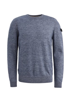 Maglione a maglia blu heather con collo rotondo, maniche lunghe e polsini e orlo a coste. Presenta un piccolo etichetta nera sulla manica sinistra.