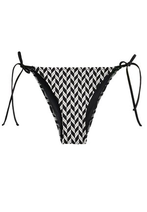 Parte inferiore di bikini bianco e nero con motivo a spina di pesce, lacci laterali regolabili e interno nero a contrasto.