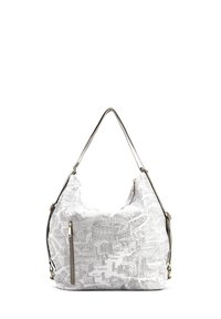 Borsa bianca con una stampa dettagliata di una mappa grigia, dallo stile morbido, con manici per la spalla e una tasca con zip sul lato.