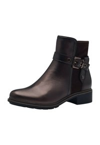 Bottine en cuir brun avec une finition lisse, une sangle latérale et un détail de boucle, ainsi qu'un talon bloc bas pour le soutien.