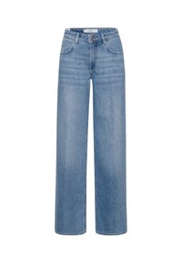 Light blue wide-leg jeans made of denim, featuring a high waist, front pockets, zipper fly, and subtle whiskering for texture.