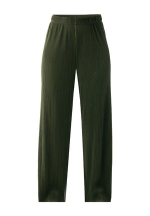 Grüne, plissierte Hose mit weitem Bein und elastischem Bund, mit vertikal gerippter Struktur und fließendem Design, geeignet für legere Kleidung.