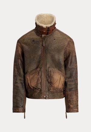 Polo Ralph Lauren, LEATHER-TRIM SHEARLING BOMBER JACKET - Chaqueta de cuero - brown earth
