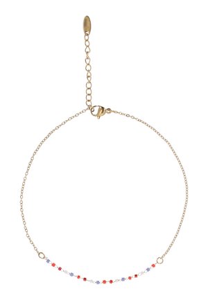 Hieno kultainen ketjurannekoru, jossa on pieniä vuorotellen punaisia, valkoisia ja purppuranvärisiä nelikulmaisia helmiä sekä säädettävä lukko.