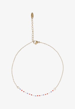 Hieno kultainen ketjurannekoru, jossa on pieniä vuorotellen punaisia, valkoisia ja purppuranvärisiä nelikulmaisia helmiä sekä säädettävä lukko.