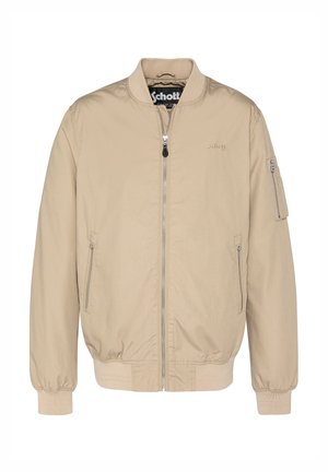Beige Schott Bomberjacke mit Frontreißverschluss, elastischen Bündchen und Saum, zwei Reißverschlusstaschen und einer Reißverschlusstasche am Ärmel.