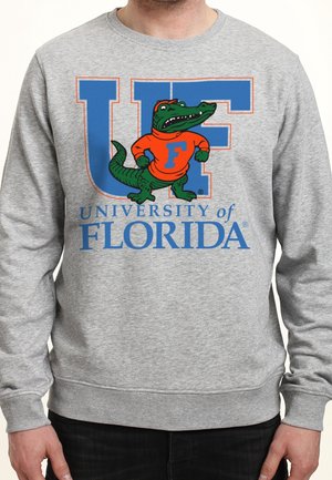 Sweat-shirt gris avec de grandes lettres bleues "UF", une mascotte alligator en pull orange avec un "F" et le texte "University of Florida" en dessous.