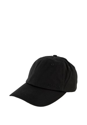 Gorra de béisbol negra de seis paneles con visera curva y logo "Schott NYC" bordado sutilmente en la parte frontal derecha.