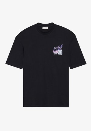 Black cotton t-shirt with short sleeves, featuring a printed graphic design in purple and white depicting flames and the text "UNDER RATED SOCIETY."